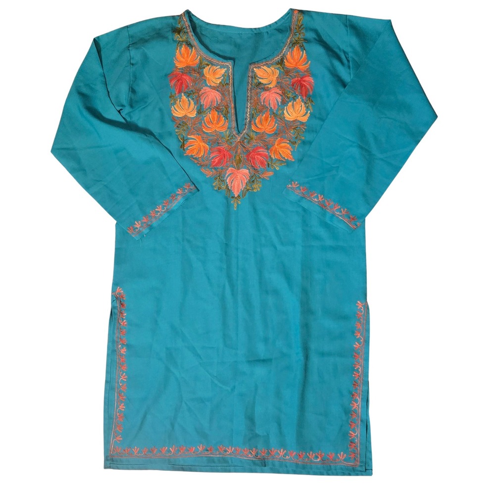 Womens Teal Blue Floral Embroidered Tunic Top Split Neck 3/4 Sleeve Kurti Boho